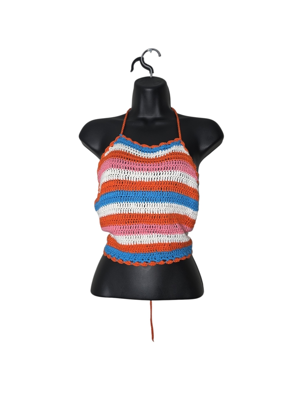 Boho Striped Crochet Halter Top Orange Blue Pink White Open Back Festival